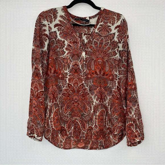 Zara Basic Red and Cream Paisley Blouse Size S - Picture 1 of 8
